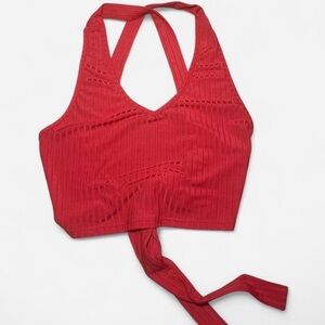 SHEIN Red Ribbed Halter Crop Top with Tie-Back